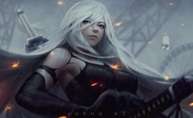 Bold, white hair girl, Yorha A2, girl warrior