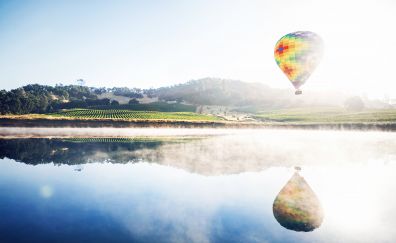 Hot air balloon, lake, reflections