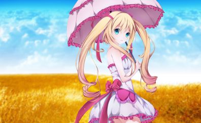 Pink umbrella, blonde anime girl, landscape