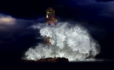 Lighthouse, sea waves, big, night