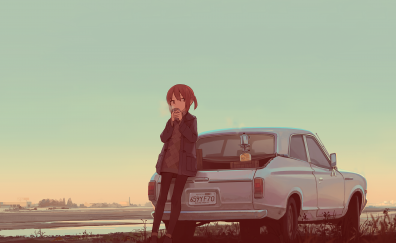 Cute anime girl, drinking, tea, car