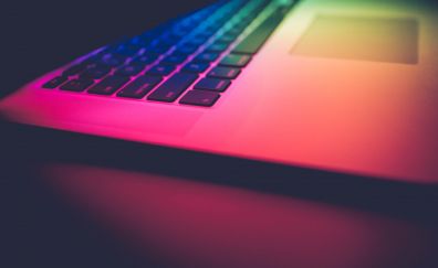 Laptop, keyboard, colorful lights