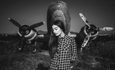 Monochrome, airplane, girl, model