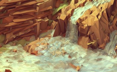 Low poly, mountains, waterfall illustration