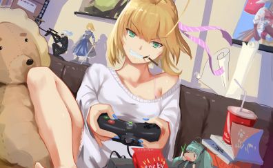 Saber Lily playing game, blonde anime girl