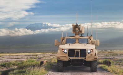 Joint light tactical vehicle, front view, military, clouds
