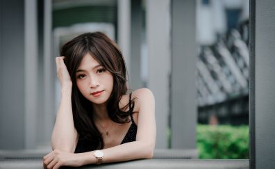 Beautiful, asian woman, model, wristwatch