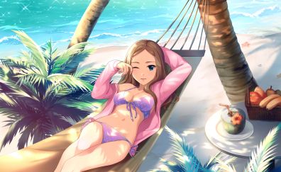 Kumiko Matsuyama at beach, bikini, wink, anime girl