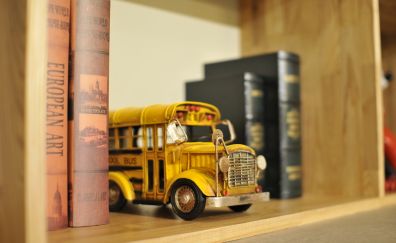 Toy, school bus, books