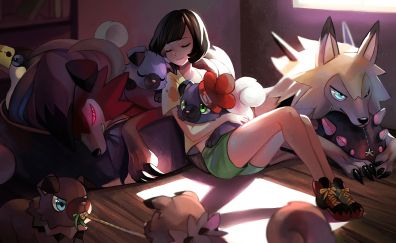 Pokémon Sun and Moon video game, anime girl, Pokemon, sleeping