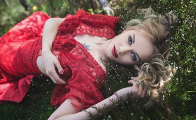 Lying on grass, girl, model, blonde, red dress