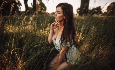 Sitting, big grass, meadow, girl
