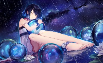 Rain, anime girl, balls, night