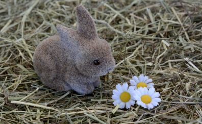 Bunny, hare, toy, Easter, hay, flower, grass